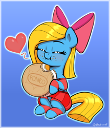 Size: 1244x1446 | Tagged: safe, artist:heretichesh, oc, oc only, oc:cuteamena, earth pony, pony, g4, bow, clothes, commission, cookie, cute, earth pony oc, eating, female, filly, foal, food, gradient background, happy, heart, oreo, skirt, smiling, socks, solo