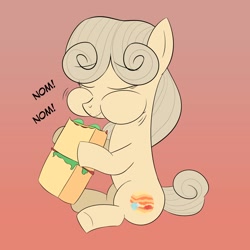 Size: 3000x3000 | Tagged: safe, artist:bestponies, oc, oc only, oc:callista, earth pony, pony, earth pony oc, eating, eyes closed, food, giant food, happy, herbivore, high res, hoof hold, nom, sandwich, sitting, solo, stuffing, veggie sandwich