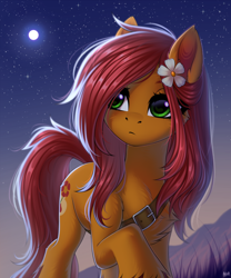 Size: 2500x3000 | Tagged: safe, artist:hakaina, oc, oc only, oc:apple bloom, earth pony, pony, fanfic:song of seven, bag, buckle, commission, earth pony oc, field, flower, flower in hair, grass, grass field, green eyes, high res, moon, night, night sky, not fluttershy, red mane, sky, solo, stars, unshorn fetlocks, walking, ych result