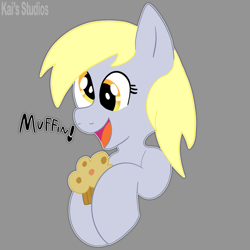 Size: 2000x2000 | Tagged: safe, artist:kaifurry, derpibooru exclusive, derpy hooves, pegasus, pony, g4, cute, derpabetes, female, food, gray background, high res, kaifurry is trying to murder us, muffin, open mouth, simple background, solo, text, that pony sure does love muffins, watermark, weapons-grade cute
