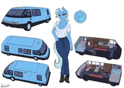 Size: 1280x905 | Tagged: safe, artist:apocheck13, trixie, anthro, g4, bed, boots, breasts, cleavage, clothes, couch, crossed legs, denim, eyelashes, female, jeans, jewelry, motorhome, necklace, pants, reasonably sized breasts, rv, shirt, shoes, short shirt, simple background, solo, vixen 21, vixen 21 motorhome, white background