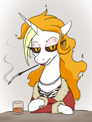 Size: 386x511 | Tagged: safe, artist:jargon scott, oc, oc:dyx, alicorn, pony, alcohol, bedroom eyes, cigarette, cigarette holder, clothes, ear piercing, earring, eyeshadow, female, glass, hooped earrings, jacket, jewelry, lidded eyes, lipstick, looking at you, makeup, mare, mouth hold, older, older dyx, piercing, slit pupils, smiling, smoking, solo
