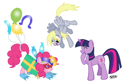 Size: 1500x1000 | Tagged: safe, artist:serenamidori, derpy hooves, pinkie pie, twilight sparkle, earth pony, pegasus, pony, unicorn, g4, 2012, clothes, commission, costume, female, glasses, mare, simple background, transparent background, trio, unicorn twilight