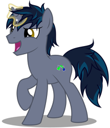 Size: 2970x3450 | Tagged: safe, artist:strategypony, oc, oc only, oc:midnight slate, pony, unicorn, glowing, glowing horn, high res, horn, magic, magic aura, male, open mouth, open smile, raised hoof, shadow, short mane, simple background, smiling, stallion, telekinesis, transparent background, unicorn oc