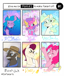 Size: 1423x1711 | Tagged: safe, artist:aztrial, burnt oak, izzy moonbow, pinkie pie, princess skyla, rocky riff, vapor trail, alicorn, earth pony, pegasus, pony, unicorn, g4, g5, :p, confetti, facial hair, female, filly, foal, male, mare, moustache, six fanarts, stallion, tongue out, unshorn fetlocks