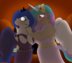 Size: 1888x1668 | Tagged: safe, artist:colorcodetheartist, princess celestia, princess luna, human, g4, crown, ear piercing, earring, eclipse, female, horn, horned humanization, humanized, incest, jewelry, lesbian, lipstick, looking at each other, looking at someone, piercing, regalia, royal sisters, ship:princest, shipping, siblings, sisters, solar eclipse, winged humanization, wings