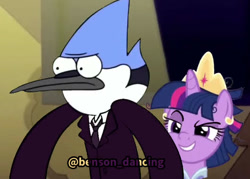 Size: 530x380 | Tagged: safe, twilight sparkle, alicorn, bird, blue jay, pony, g4, the last problem, angry, clothes, coronation dress, crossover, crossover shipping, crown, dress, female, frown, jewelry, male, mare, messy mane, mordecai, mordetwi, necktie, regalia, regular show, second coronation dress, shipping, smiling, straight, twilight sparkle (alicorn), youtube link