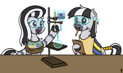 Size: 2000x1200 | Tagged: safe, artist:mkogwheel, oc, oc only, oc:zeal lanatus, oc:zeta, zebra, bottle, chemistry, clipboard, duo, female, goggles, male, mare, mouth hold, open mouth, open smile, pencil, safety goggles, simple background, smiling, stallion, starry eyes, white background, wingding eyes, zebra oc