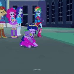 Size: 1080x1080 | Tagged: safe, edit, edited screencap, screencap, applejack, pinkie pie, rainbow dash, rarity, spike, sunset shimmer, twilight sparkle, dog, human, equestria girls, g4, my little pony equestria girls, animated, armpits, arms in the air, bare shoulders, belt, big crown thingy, boots, bracelet, canterlot high, clothes, cowboy boots, cowboy hat, cutie mark on clothes, dress, element of magic, eyes closed, fall formal outfits, female, fingerless gloves, gloves, hands in the air, hat, hug, jacket, jewelry, leather, leather boots, leather jacket, male, night, open mouth, regalia, shoes, skirt, sleeveless, sleeveless dress, smiling, sound, spike the dog, statue, strapless, text, tiktok, twilight ball dress, webm