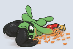 Size: 2540x1720 | Tagged: safe, artist:t72b, oc, oc only, oc:filly anon, earth pony, pony, bag, cheeto dust, cheetos, female, filly, foal, lying down, messy eating, on back, ponified, ponified animal photo, simple background, solo
