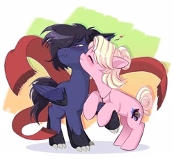 Size: 2048x1871 | Tagged: safe, artist:syrupyyy, oc, oc only, oc:fenris ebonyglow, oc:kara waypoint, earth pony, original species, pegasus, pony, timber pony, timber wolf, blushing, cheek kiss, clothes, female, karanris, kissing, male, mare, scarf, shipping, stallion