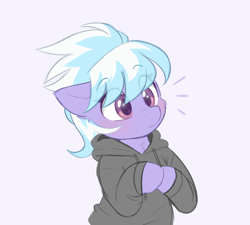 Size: 590x530 | Tagged: safe, artist:higglytownhero, cloudchaser, pegasus, pony, g4, blushing, cheek fluff, clothes, cute, cutechaser, eyebrows, eyebrows visible through hair, female, floppy ears, half body, hoodie, hooves together, mare, simple background, solo, white background