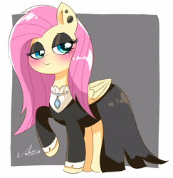 Size: 3449x3550 | Tagged: safe, artist:leo19969525, fluttershy, pegasus, pony, g4, blushing, clothes, cyan eyes, dress, female, fluttergoth, gray background, hair, high res, jewelry, looking at you, piercing, pink hair, simple background, solo, wings
