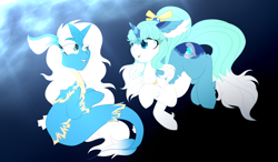 Size: 3207x1870 | Tagged: safe, artist:cassidyspectrum, oc, oc only, hybrid, merpony, pony, seapony (g4), unicorn, blue mane, crepuscular rays, dorsal fin, fish tail, flowing tail, horn, looking at each other, looking at someone, ocean, open mouth, seaponified, smiling, species swap, sunlight, tail, underwater, water, white mane