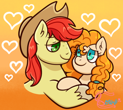 Size: 1198x1076 | Tagged: safe, artist:bowsarefriends, bright mac, pear butter, earth pony, pony, g4, the perfect pear, duo, female, gradient background, hat, heart, looking at each other, looking at someone, male, mare, ship:brightbutter, shipping, stallion, straight