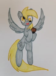 Size: 2294x3122 | Tagged: safe, artist:369treatment, derpy hooves, pegasus, pony, g4, cute, flying, food, happy, high res, holding a muffin, muffin, smiling, solo, traditional art, wings