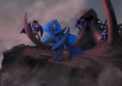 Size: 1500x1061 | Tagged: safe, artist:casynuf, princess luna, alicorn, bat pony, pony, g4, 2015, colored hooves, crossover, disney, disney style, eye scar, female, hooves, large wings, male, mare, night guard, scar, stallion, style emulation, the lion king, wings