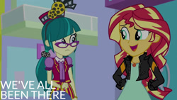 Size: 1280x720 | Tagged: safe, edit, edited screencap, editor:quoterific, screencap, juniper montage, sunset shimmer, human, equestria girls, equestria girls specials, g4, my little pony equestria girls: mirror magic, clothes, duo, duo female, female, geode of empathy, jacket, jewelry, leather, leather jacket, magical geodes, necklace, open mouth, open smile, smiling, text