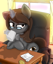 Size: 999x1199 | Tagged: safe, artist:malachimoet, oc, oc:sonata, pony, unicorn, turnabout storm, chair, drinking, looking at you, office, office chair, solo