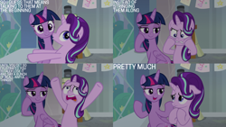 Size: 1280x720 | Tagged: safe, edit, edited screencap, editor:quoterific, screencap, starlight glimmer, twilight sparkle, alicorn, pony, unicorn, a horse shoe-in, g4, season 9, duo, duo female, female, floppy ears, frown, hoof on cheek, hoof on chest, hooves on cheeks, mare, open mouth, open smile, school of friendship, sitting, smiling, teeth, text, twilight sparkle (alicorn)