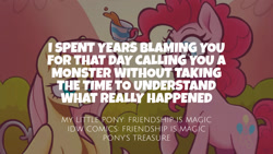 Size: 1280x720 | Tagged: safe, edit, editor:quoterific, idw, fluttershy, pinkie pie, earth pony, pegasus, pony, g4, duo, female, mare, open mouth, open smile, pony's treasure, smiling, text