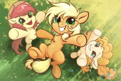 Size: 2048x1378 | Tagged: safe, artist:paipaishuaige, applejack, bright mac, pear butter, earth pony, pony, brightabetes, buttercup, chest fluff, cute, father and child, father and daughter, female, filly, filly applejack, flower, flower in hair, grin, jackabetes, male, mother and child, mother and daughter, pearabetes, smiling, younger
