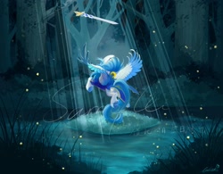 Size: 2048x1601 | Tagged: safe, artist:paipaishuaige, oc, oc only, pegasus, pony, crepuscular rays, forest, obtrusive watermark, solo, sword, watermark, weapon