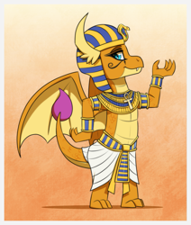 Size: 1181x1390 | Tagged: safe, artist:inuhoshi-to-darkpen, smolder, dragon, g4, ankh, armband, bracelet, clothes, commission, dancing, dragoness, egyptian, egyptian headdress, eye of horus, female, jewelry, loincloth, makeup, necklace, skirt, solo, walk like an egyptian