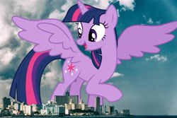 Size: 3812x2541 | Tagged: safe, artist:cloudy glow, artist:thegiantponyfan, twilight sparkle, alicorn, pony, g4, cuba, female, giant alicorn, giant pony, giantess, havana, high res, highrise ponies, irl, looking back, macro, mare, mega giant, mega twilight sparkle, open mouth, photo, ponies in real life, raised hoof, smiling, solo, spread wings, twilight sparkle (alicorn), twizilla, wings
