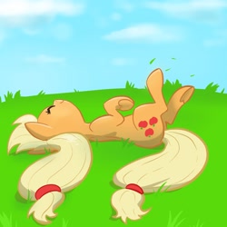 Size: 2048x2048 | Tagged: safe, artist:pfeffaroo, applejack, earth pony, pony, g4, cute, grass, happy, high res, horses doing horse things, jackabetes, lying down, smiling, solo