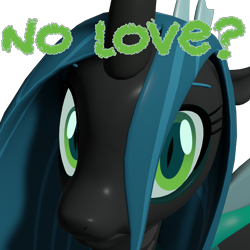 Size: 4000x4000 | Tagged: safe, artist:wissle, queen chrysalis, changeling, canterlot wedding 10th anniversary, g4, 3d, absurd resolution, blender, caption, crown, female, frown, jewelry, looking at you, mare, megamind, meme, no bitches?, regalia, sad, simple background, solo, text, transparent background, wings