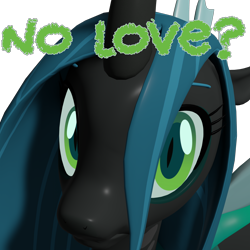 Size: 4000x4000 | Tagged: safe, artist:wissle, queen chrysalis, changeling, canterlot wedding 10th anniversary, g4, 3d, absurd resolution, blender, caption, crown, female, frown, jewelry, looking at you, mare, megamind, meme, no bitches?, ponified meme, regalia, sad, simple background, solo, text, transparent background, wings