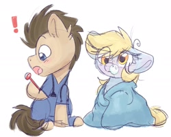 Size: 2462x1981 | Tagged: safe, artist:lbrcloud, derpy hooves, doctor whooves, time turner, earth pony, pegasus, pony, g4, backwards thermometer, blanket, clothes, duo, female, hoof hold, male, mare, scrubs (gear), sick, simple background, snot bubble, stallion, stethoscope, thermometer, white background