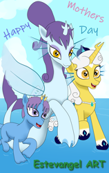 Size: 1200x1900 | Tagged: safe, artist:estevangel, oc, oc only, pony, seapony (g4), unicorn, cloud, colored pupils, female, fin wings, fins, fish tail, horn, mare, open mouth, purple eyes, sky, smiling, tail, teeth, walking, water, white mane, wings, yellow eyes