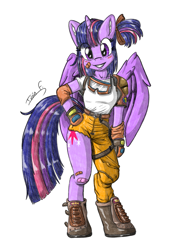 Size: 2481x3508 | Tagged: safe, alternate version, artist:memprices, twilight sparkle, alicorn, semi-anthro, g4, arm hooves, bipedal, boots, bulma, clothes, cosplay, costume, crossover, dragon ball, ear fluff, goggles, high res, horn, looking at you, pencil, pencil drawing, ponytail, posing for photo, shading, shoes, signature, simple background, smiling, smiling at you, traditional art, twilight sparkle (alicorn), white background, wings