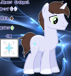 Size: 2808x3012 | Tagged: safe, artist:cindystarlight, oc, oc only, oc:james sparkle, pony, unicorn, brown mane, brown tail, coat markings, full body, high res, hooves, horn, lidded eyes, male, reference sheet, show accurate, smiling, socks (coat markings), solo, stallion, standing, tail, unicorn oc