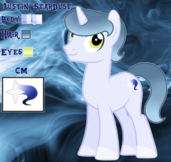 Size: 3068x2904 | Tagged: safe, artist:cindystarlight, oc, oc only, oc:justin stardust, pony, unicorn, coat markings, full body, gradient mane, gradient tail, high res, hooves, horn, male, reference sheet, show accurate, smiling, socks (coat markings), solo, stallion, standing, tail, unicorn oc
