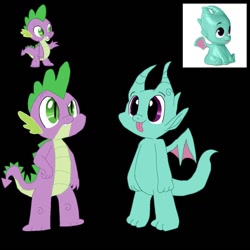 Size: 1280x1280 | Tagged: safe, artist:coolchickennuggets, sparky sparkeroni, spike, dragon, g5, my little pony: make your mark, spoiler:my little pony: make your mark, baby, baby dragon, black background, duo, male, simple background, tongue out