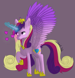 Size: 2084x2165 | Tagged: safe, artist:lefi32, princess cadance, alicorn, pony, canterlot wedding 10th anniversary, g4, colored wings, crown, female, glowing, glowing horn, gradient wings, heart, high res, hoof shoes, horn, jewelry, magic, mare, raised hoof, regalia, shadow, signature, simple background, solo, spread wings, wings