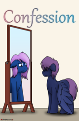 Size: 1575x2400 | Tagged: safe, artist:skydreams, oc, oc only, oc:soft step, pegasus, pony, commission, cover art, female, floppy ears, frown, male, mare, mirror, narrowed eyes, pegasus oc, shadow, signature, stallion, standing, transgender, wings, wings down