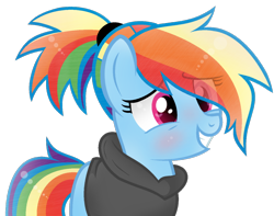 Size: 1024x806 | Tagged: safe, artist:xmelodyskyx, edit, rainbow dash, earth pony, pony, g4, alternate hairstyle, blushing, clothes, cute, dashabetes, earth pony rainbow dash, eye clipping through hair, female, grin, hoodie, mare, ponytail, race swap, simple background, smiling, solo, transparent background, wrong eye shape