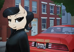 Size: 4096x2896 | Tagged: safe, artist:apocheck13, ivy vine, oc, oc:elya, earth pony, anthro, building, car, door, looking at you, pontiac, pontiac firebird, pontiac trans am, solo, street