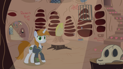 Size: 3840x2160 | Tagged: safe, artist:pearmare animation, oc, oc only, oc:littlepip, pony, unicorn, fallout equestria, clothes, female, golden oaks library, high res, horn, mare, raider, skull, solo, unicorn oc