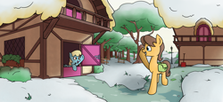 Size: 4900x2250 | Tagged: safe, artist:alexi148, caramel, sassaflash, earth pony, pegasus, pony, art pack:winter wrap pack, g4, bag, female, male, mare, open mouth, saddle bag, smiling, snow, stallion, walking, waving