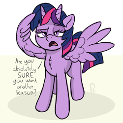 Size: 1498x1498 | Tagged: safe, artist:doodledonutart, twilight sparkle, alicorn, bicorn, pony, g4, chest fluff, comic, dialogue, female, full body, hooves, horn, lidded eyes, mare, multiple horns, open mouth, pointing, raised eyebrow, shadow, signature, simple background, solo, spread wings, standing, talking to viewer, twilight sparkle (alicorn), white background, wing hands, wings