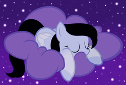 Size: 1280x862 | Tagged: safe, artist:cindystarlight, oc, oc only, oc:lucy ghost, pegasus, pony, base used, cloud, eyes closed, female, folded wings, lying down, lying on a cloud, mare, night, on a cloud, pegasus oc, show accurate, sleeping, solo, stars, wings
