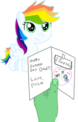 Size: 571x892 | Tagged: safe, rainbow dash, oc, oc:anon, human, pegasus, pony, g4, father's day, female, filly, foal, hand, male, offscreen character, offscreen human, offscreen male, parent:oc:anon, parent:rainbow dash, simple background, white background