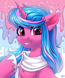 Size: 2500x3000 | Tagged: safe, artist:hakaina, oc, oc only, oc:echo shade, pony, unicorn, fanfic:song of seven, abstract background, blue mane, bust, clothes, high res, hooves, horn, pink eyes, raised hoof, scarf, smiling, solo, striped mane, unicorn oc, white hooves