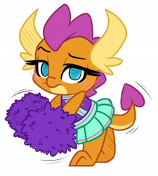Size: 1846x2048 | Tagged: safe, artist:emberslament, smolder, dragon, 2 4 6 greaaat, g4, cheerleader smolder, chibi, dragoness, female, frown, looking at you, pom pom, simple background, solo, white background