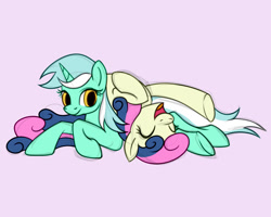 Size: 1280x1023 | Tagged: safe, artist:relisreal, bon bon, lyra heartstrings, sweetie drops, earth pony, pony, unicorn, g4, amused, bon bon is amused, duo, female, laughing, lesbian, lying down, lying on top of someone, pink background, prone, ship:lyrabon, shipping, simple background
